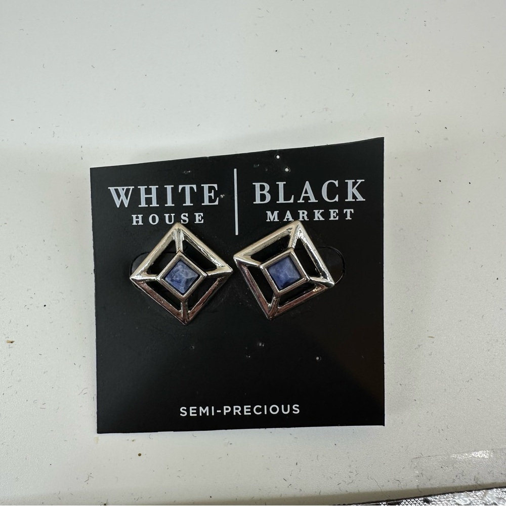 WHBM Square silver geometric stud earrings with semi precious blue stone - Picture 2 of 5